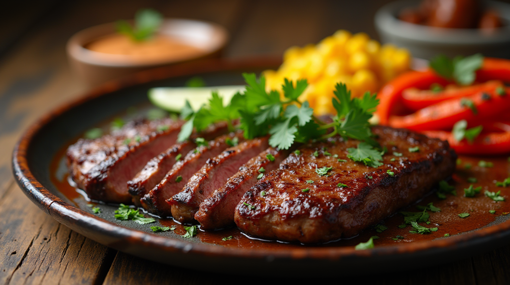 "Chipotle Steak Recipe with sliced steak, cilantro garnish, and warm tortillas."