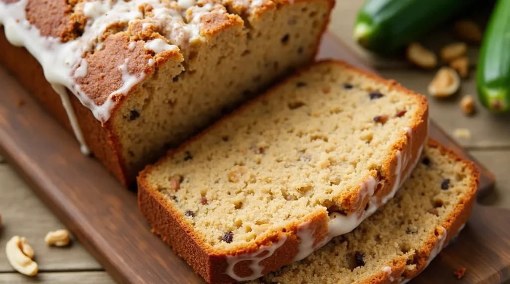 "Freshly baked Best Ever Zucchini Bread, with a perfectly golden-brown crust and a soft, moist interior filled with grated zucchini. The loaf is sliced to reveal its tender, fluffy texture, with hints of cinnamon and nutmeg. A light drizzle of cream cheese glaze or a sprinkle of powdered sugar adds a sweet finishing touch. The bread is placed on a rustic wooden cutting board, surrounded by fresh zucchini and a few chopped nuts for extra texture. Soft, warm lighting enhances the inviting, homemade feel of this delicious bread."