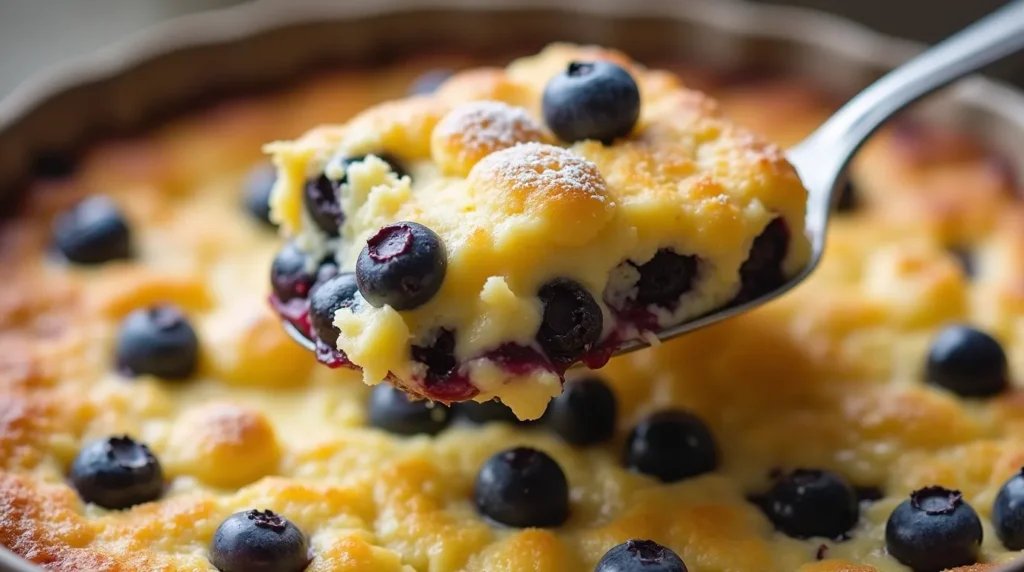 "Freshly baked Blueberry Cottage Cheese Breakfast Bake, with a golden, slightly crisp top and vibrant blueberries mixed throughout the creamy cottage cheese filling. The bake is served in a rustic baking dish, with a spoon lifting a portion to showcase its fluffy, moist texture. A few fresh blueberries are scattered on top for added color, and a light dusting of powdered sugar or a drizzle of honey finishes the dish. Soft natural lighting creates a warm, inviting atmosphere, perfect for a healthy and satisfying breakfast."