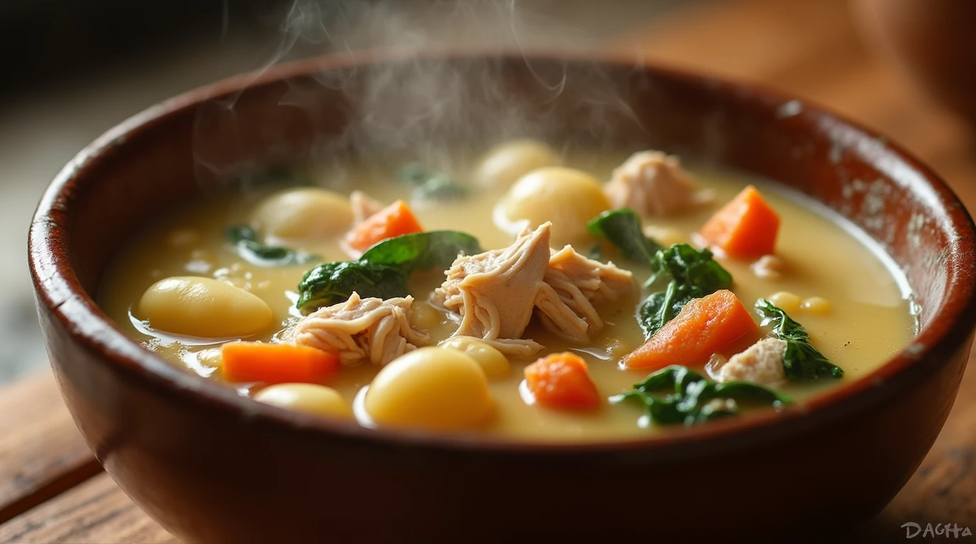 A bowl of creamy chicken gnocchi soup with shredded chicken, soft gnocchi, carrots, and spinach, served in a rustic bowl, steam rising, cozy lighting, Olive Garden-inspired food styling