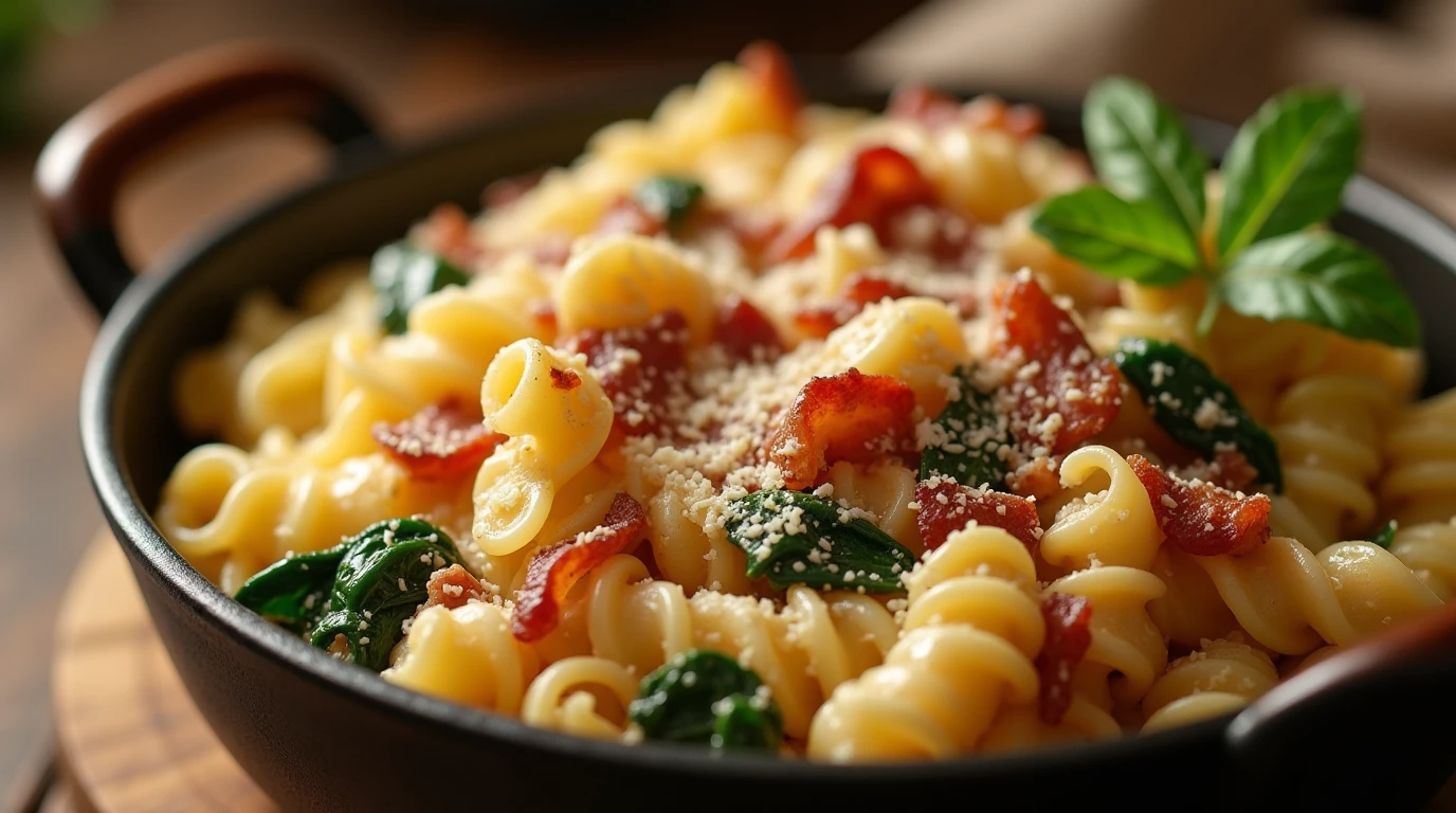 One-Pot Cheesy Chicken Pasta with Spinach & Bacon
